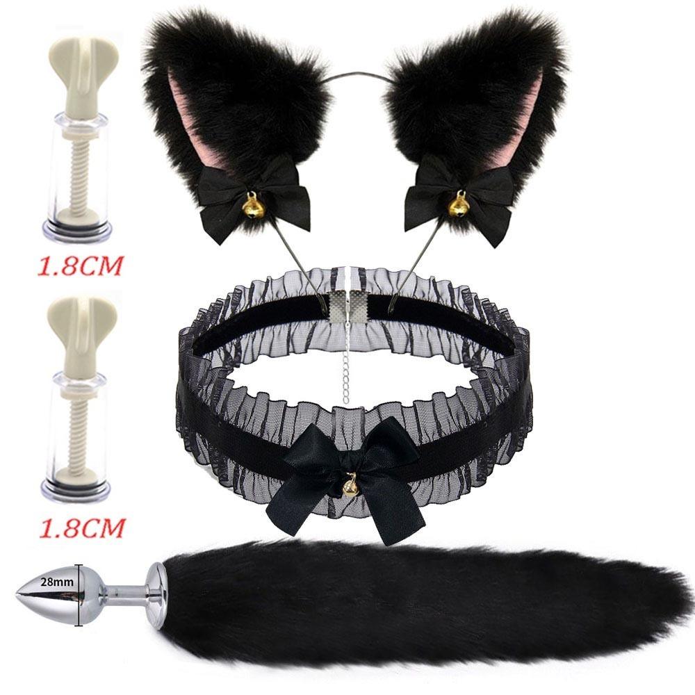SM Erotic Cosplay Cute Fox Tail Anal Plug Bow-Knot Soft Cat Ears Headbands Collar Couples Accessories Sex Toys For Female Male