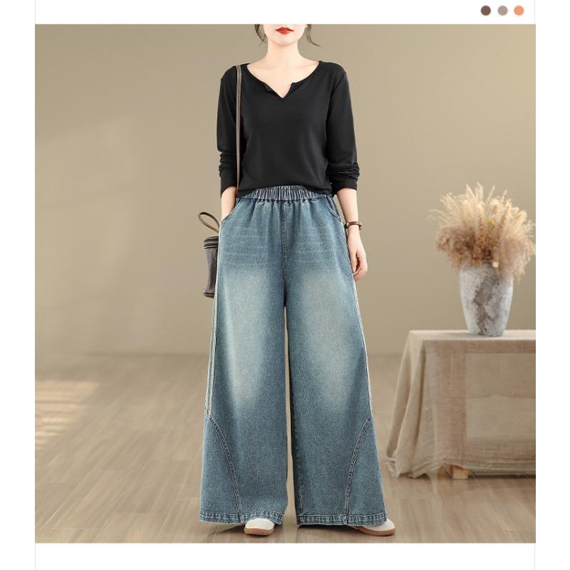 DIMANAF 2026 Summer New Plus Size Jeans Women Elastic Waist Long Pants Loose Casual Denim Cotton Trousers Blue Pants