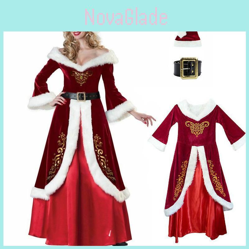 Elegant Red Santa Claus Adult Women's Christmas Costume Dress With Cozy Faux Fur Trim