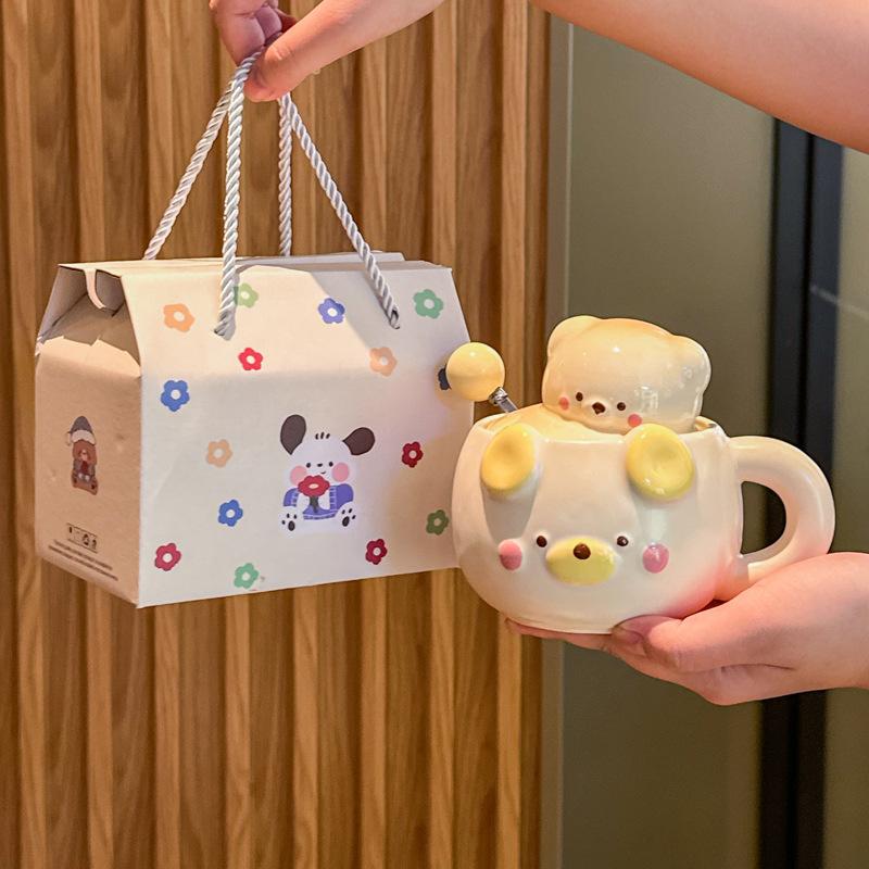 Cute Cream Bear Cup, Girls Ceramic Mug, High-value Souvenir, Practical Birthday Gift for Girlfriends