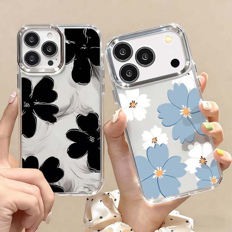 Pink Peony Floral Pattern Case For iPhone 17 Pro Max Plating Lens Frame Clear Soft Cover For iPhone 16 15 14 13 Pro Max 11 16E 17E