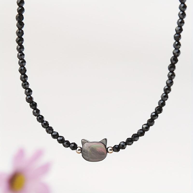 Natural Stone Cat Head Pendant Necklace, Elegant Minimalist Gift, Black Crystal Necklace with Premium Feel, Daily Wear Choker