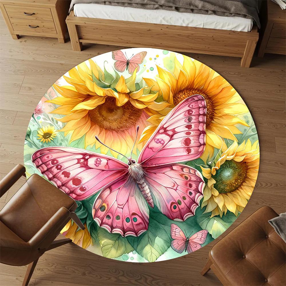 1pc Butterfly Sunflower Round Chair Mat Office Area Rug - Non-Slip, Floor Mat for Office, Bedroom, Ideal Home Decor Gift C0112014