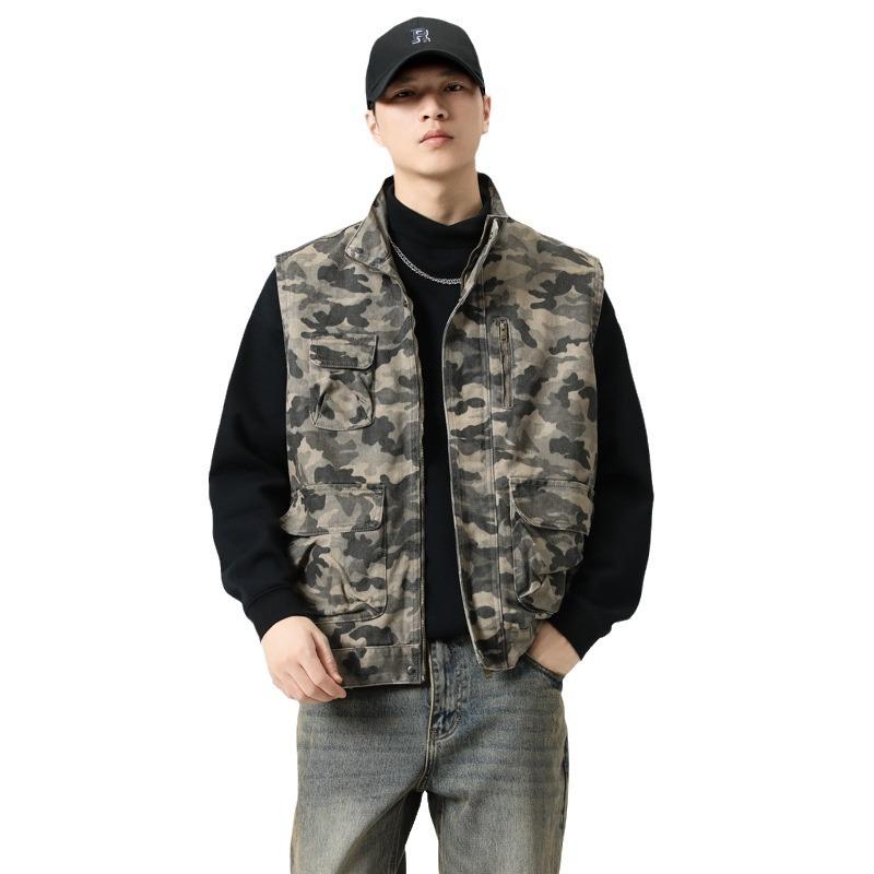 Camouflage Overalls Stand-up Collar Vest Men's Spring and Autumn Outdoor Tactical Loose Shoulder Horse Clip Vest