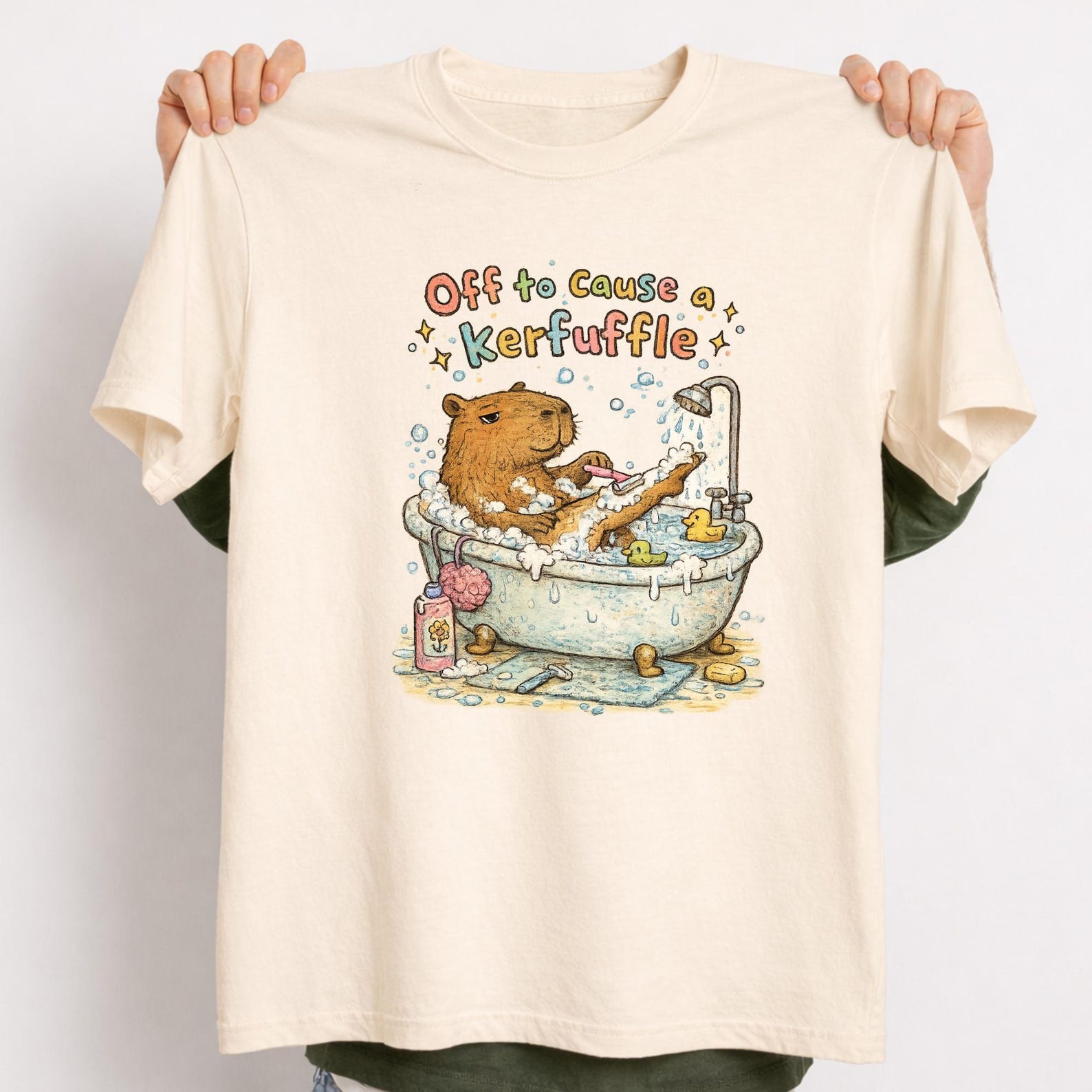 ironic Off To Cause A Kerfuffle Shirt – Funny Capybara Bath Cartoon Ironic Graphic Tee. S
