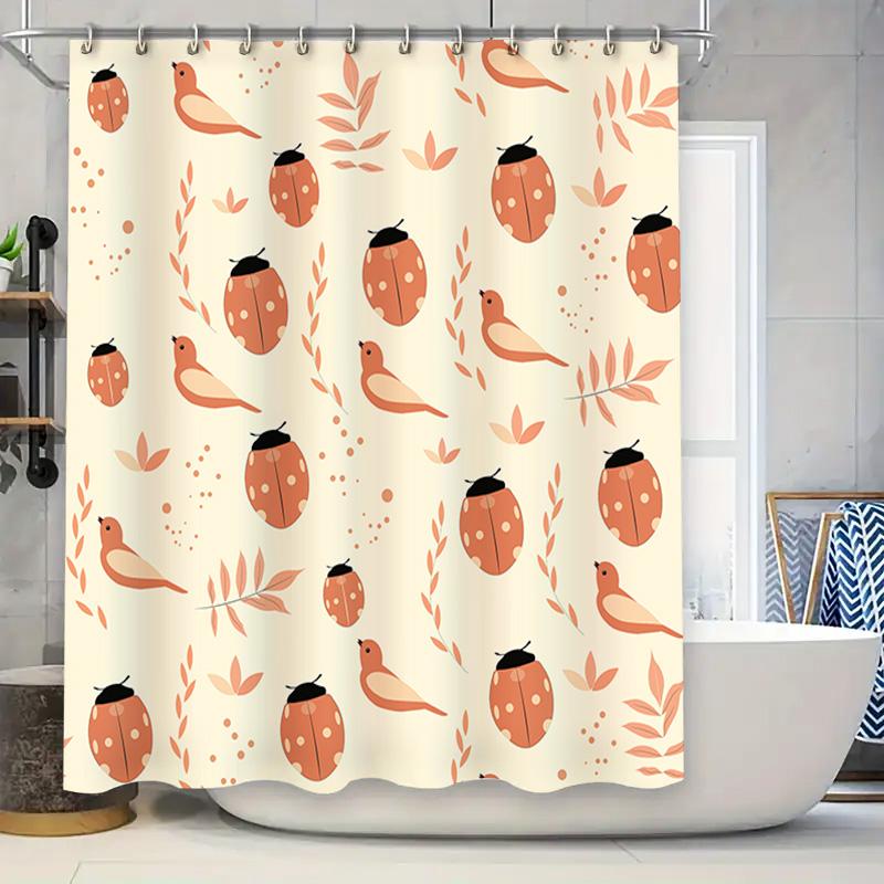 

Rustic Ladybug Bird Shower Curtain For Bathroom Decor Peach Color Shaggy Fabric Waterproof Bath Mats 72 X 72 Inches (180X180Cm) W60H190(CM)-1 Pcs
