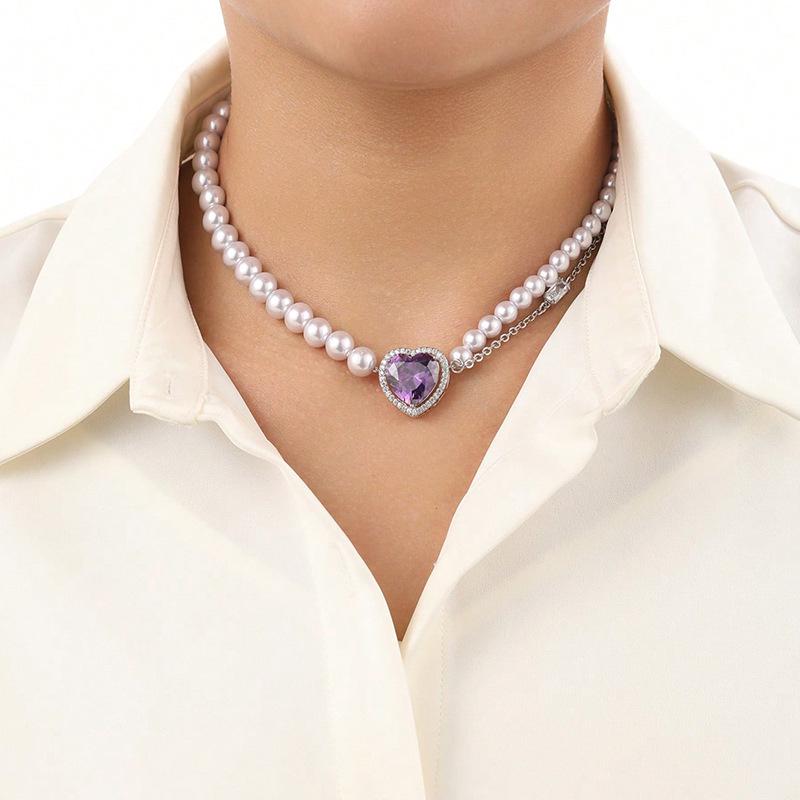 High-End Light Purple Zircon Heart Pendant Necklace