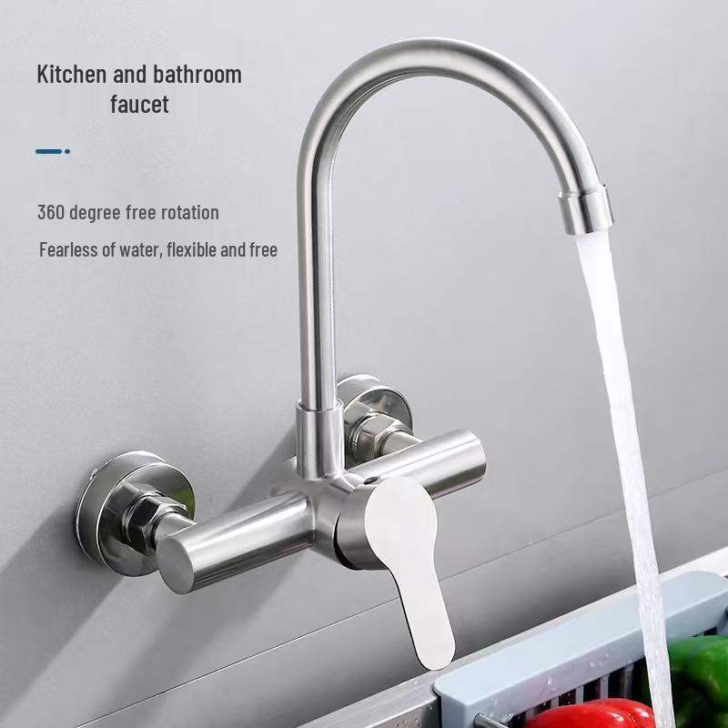 Grifo de Cocina de Acero Inoxidable 304 Montado en Pared de Doble Agujero con Salida Giratoria de Agua Caliente/Fría
