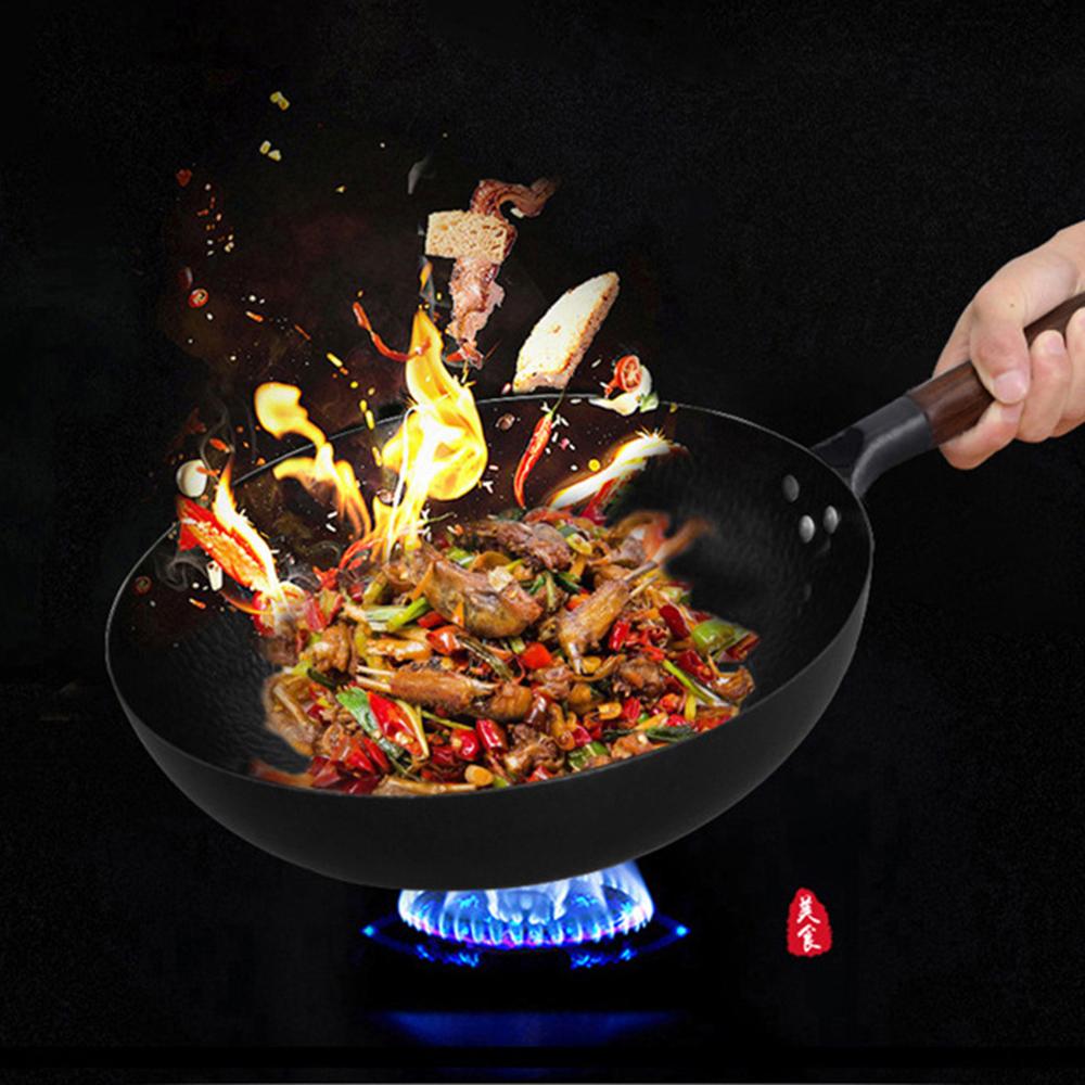 Czyste żelazo wok żeliwna patelnia Niepowlekana Garnek Ogólnego użytku do kuchenki gazowej i indukcyjnej 32cm Chiński wok Naczynia kuchenne Patelnia
