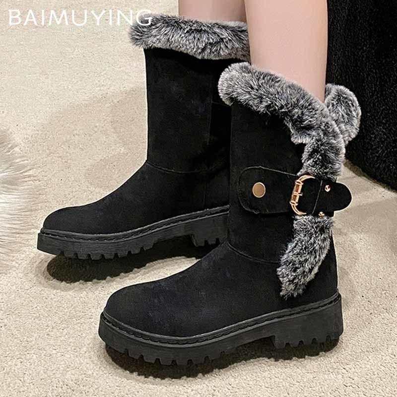 Fur Flats Suede Woman Mid Calf Boots Casual Warm Cozy Walking Shoes 2024 Winter Brand Fashion Short Plush Dress Mujer Zapatillas