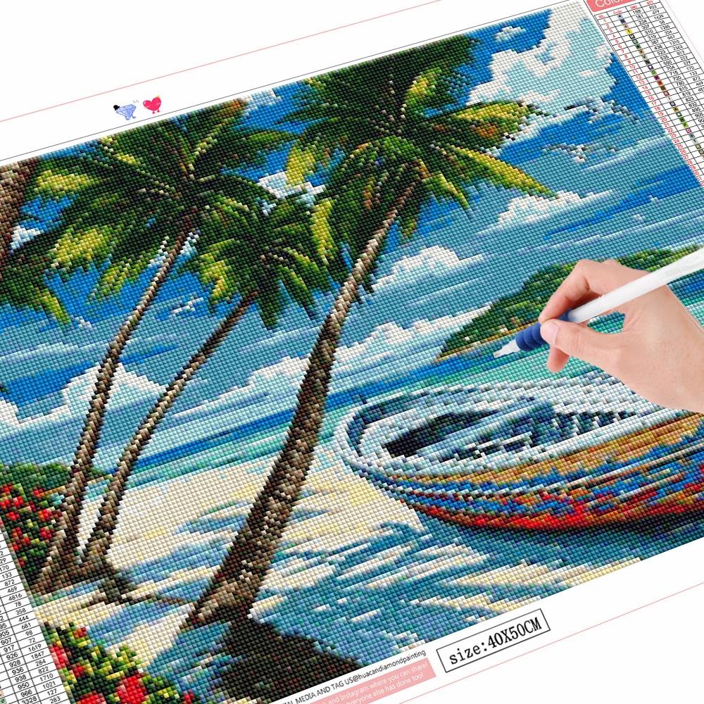 5D Full Square Diamond Painting Seaside Rhinestone Kit Diamond Embroidery Kit Landscape Coconut Tree Handicraft Wall Art