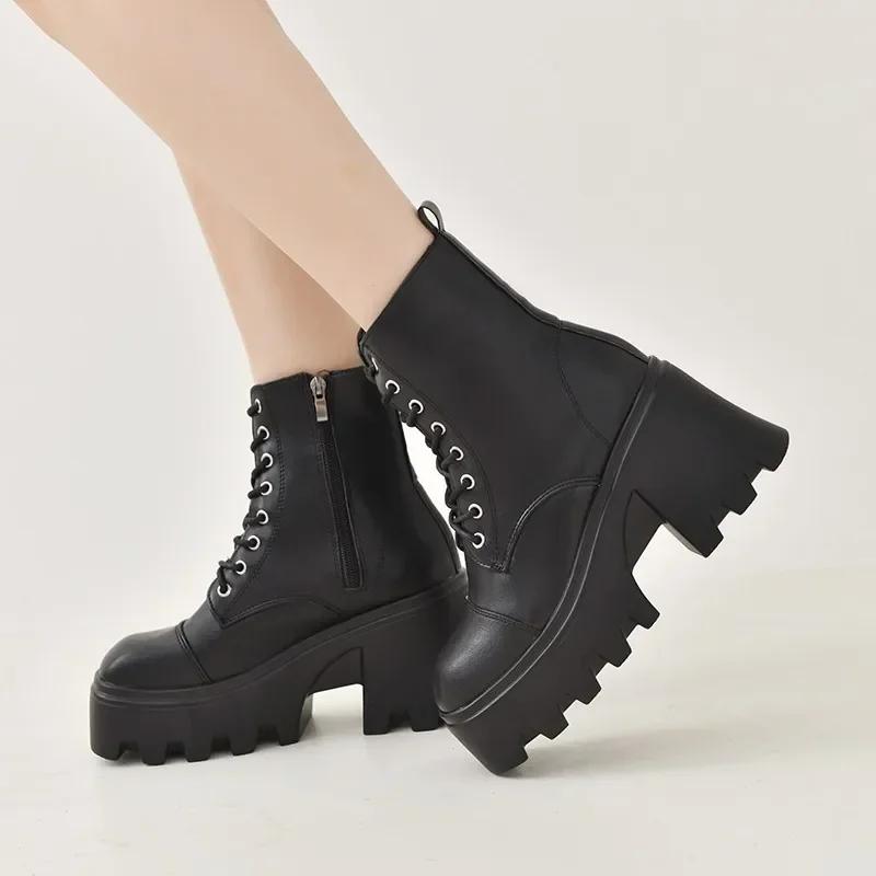 Fashion 2025 Winter Plus Size Shoes for Women Side Zip Women's Ankle Boots Platform Square Heel Ladies Boots Lace-up Shoes Female