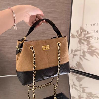 Retro Texture Contrasting Suede Bucket Bag for Women, New Underarm Bag, Versatile Bucket Bag, Single Shoulder Handbag