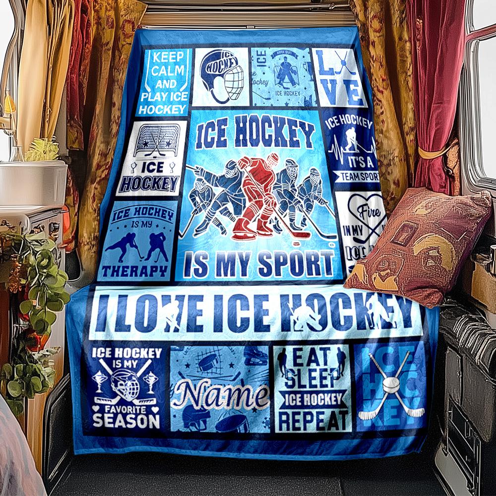 Ice Hockey Passion And Team Spirit Design Blanket Personalized Name Soft Comfortable Stylish Blanket Car Blanket Perfect For Travel Camping Outdoor