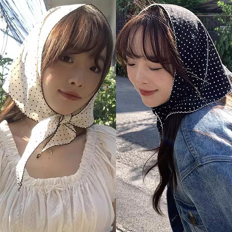 Damen Vintage Bogenzahn Polka Dot Dreiecksschal Mode Ins Bandana Haarschal für Süße Damen Tägliche Kleidung Kopftuch Taillendekoration