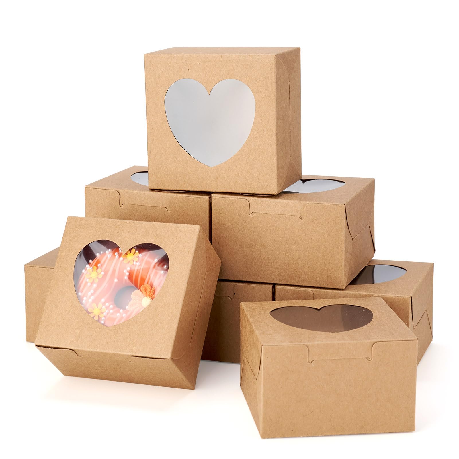 24Pcs Paper Cookie Boxes with Heart Window Small Bakery Boxes White Mini Treat Boxes Dessert Boxes for Cookie Packaging Party Favor Small Business коричневый