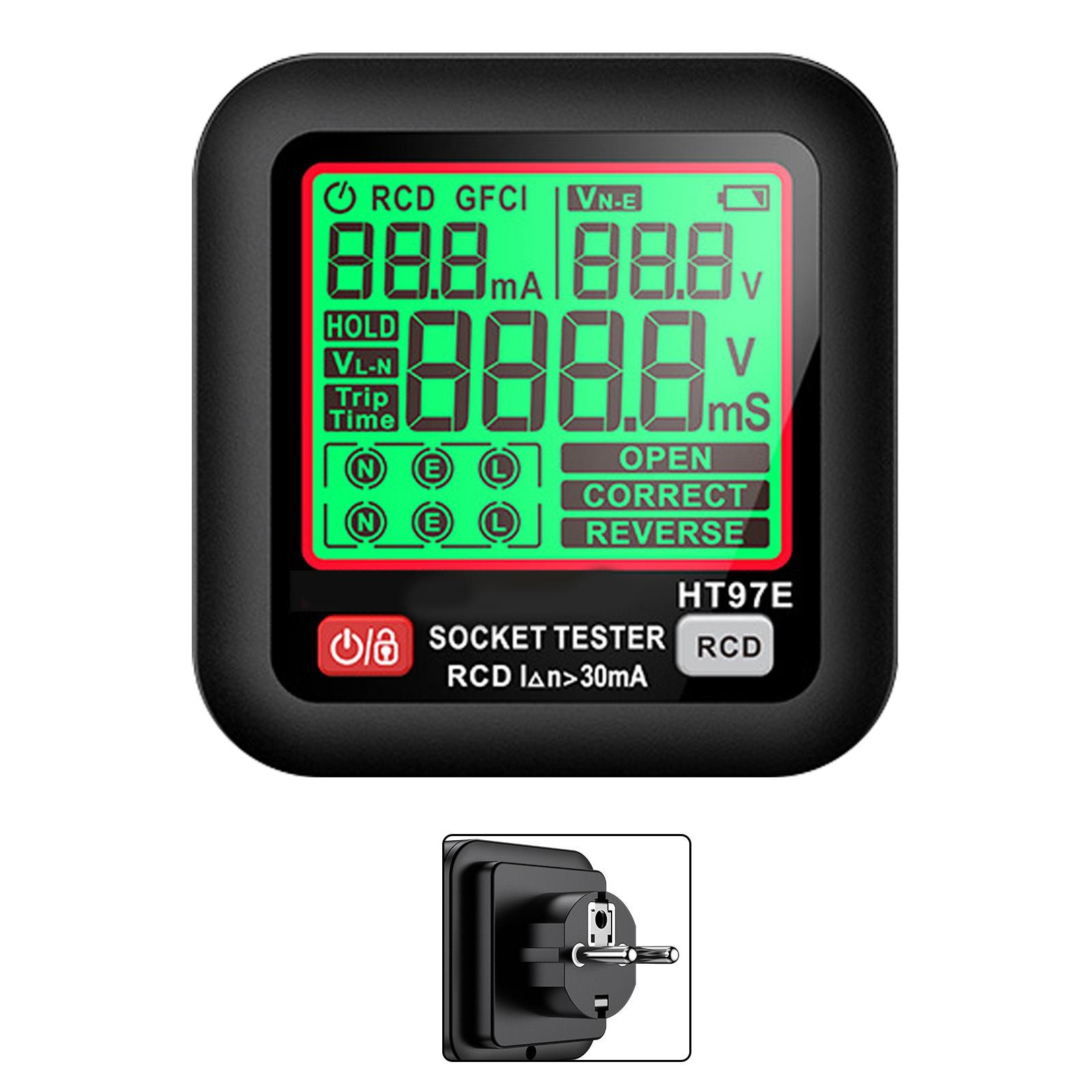 

Тестер розеток Детектор перевірки напруги Великий РК-дисплей Цифровий Перевірка розеток з фіксацією даних Виявлення захисту заземлення EU