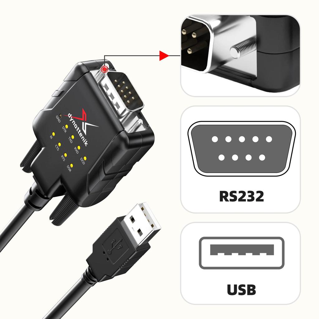 dynattenik DeStatix A9 adapter DB9 with 9 LED FTDI-equipped USB-RS-232 (male), indicators, 6-pack.