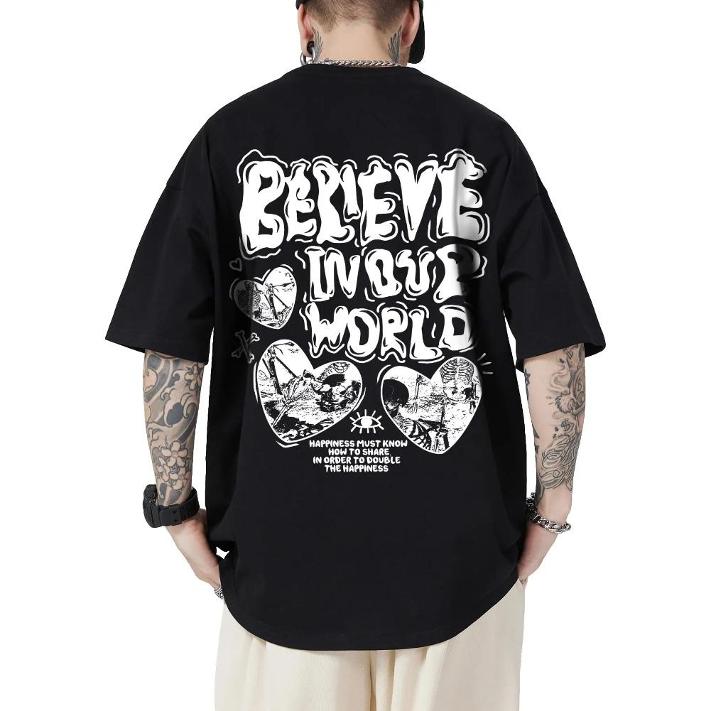 T-shirt da uomo con stampa grafica di lettere Girocollo Manica corta Vestibilità larga Top in poliestere per uso quotidiano Scollo a O Maniche corte