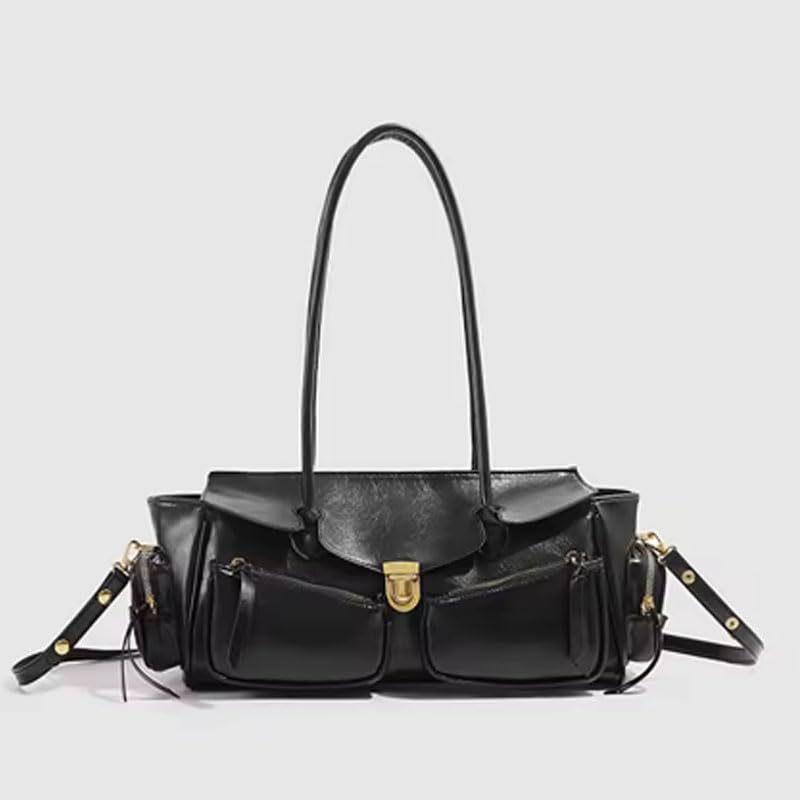 

Yogodlns Винтажная сумка подмышку для девушки, универсальная сумка, многокарманная мотоциклетная сумка, роскошная дизайнерская сумка, кожаная сумка на тонком ремешке 36x11x17cm чёрный