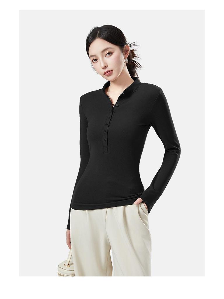 Autumn & Winter Women's Antibacterial Slimming V-neck Stand Collar Long Sleeve Thermal Top