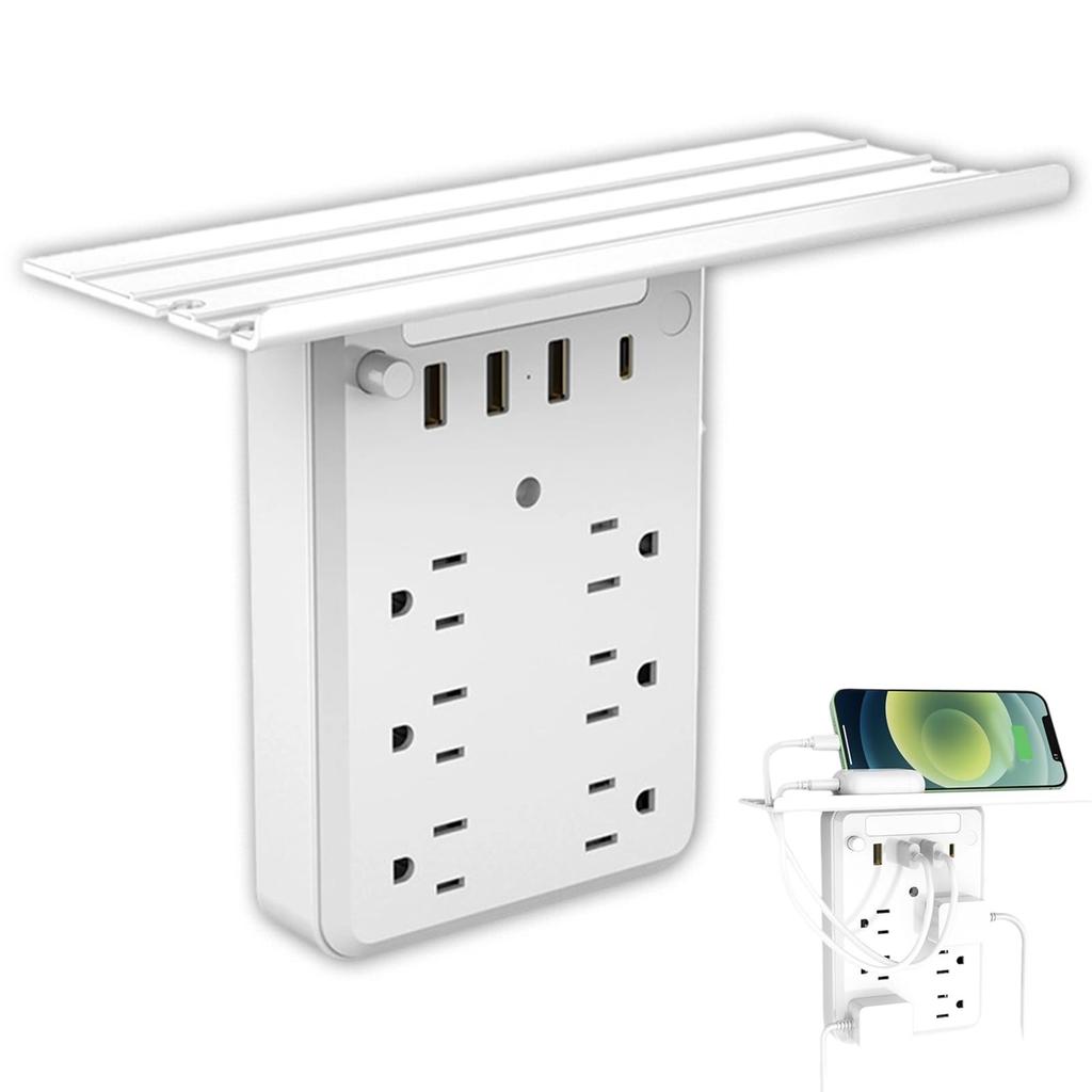 Wall Extender With Shelf Night USB Ports, 2025 New Wall Extender With Shelf Night, 9-in-1 Extended With Surge Protector For Next To Bed,Off