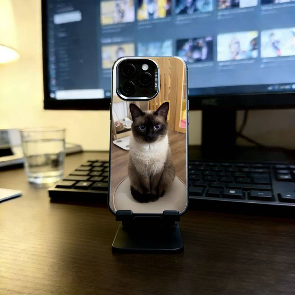 S-Siamese Cat Cute Phone Case For iPhone 17,16,15,14,13,12,11 Plus,Pro Max,XS,Colored Silver Plated Inside Cover