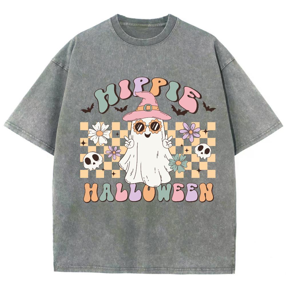 

Футболка женская с принтом призрака Happy Halloween, стираная, свободного покроя, черная, дышащая, с коротким рукавом, унисекс, милый топ для мужчин 3XL