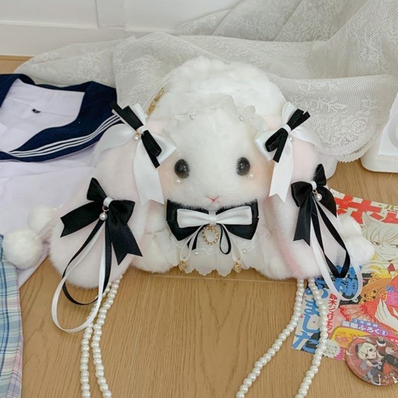Lolita niedliche Schleife Hasentasche große Ohren haariger Kordelzugbeutel süße Schwester Perlenkette Umhängetasche