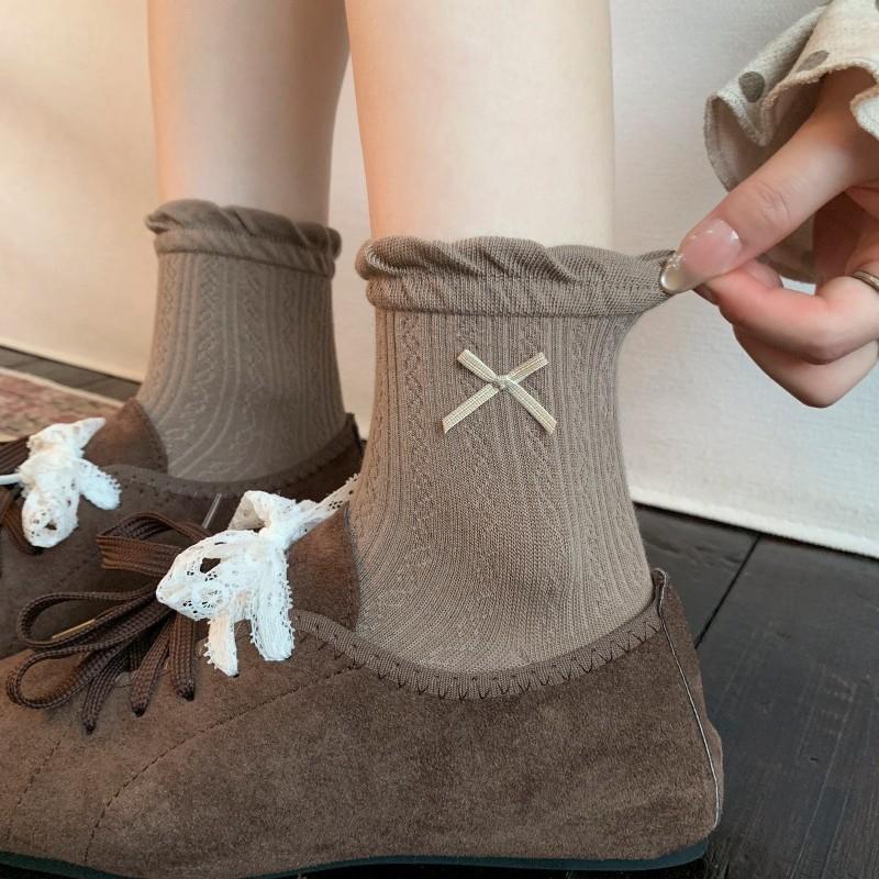 Autumn Sweetly Piled Stockings - Embroidered Butterfly Knots, Combed Cotton Mid-Calf Stockings, Ballet Style, Lolita Style