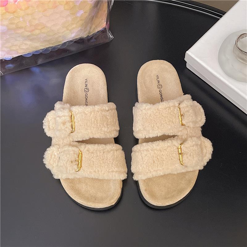 

2025 new spring and autumn flat-bottomed comfortable soft fur belt buckle shoes women wear fashion open-toed shoes women s trendy shoes children 35 бежевый