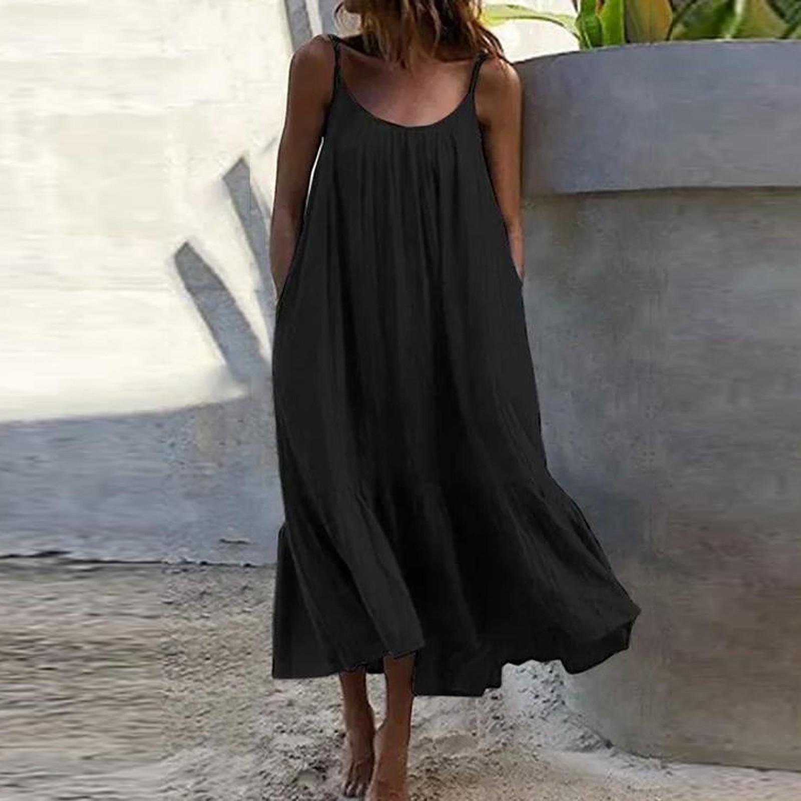 

Модное женское сплошное цветное длинное свободное платье без рукавов с рюшами на бретельках XXXXXL чёрный