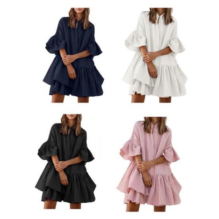Summer Casual Loose Swing Dress for Women Babydoll Tiered Ruffle Sleeve Pleated Mini Mid-Length Dress Daily Life Beach Parties