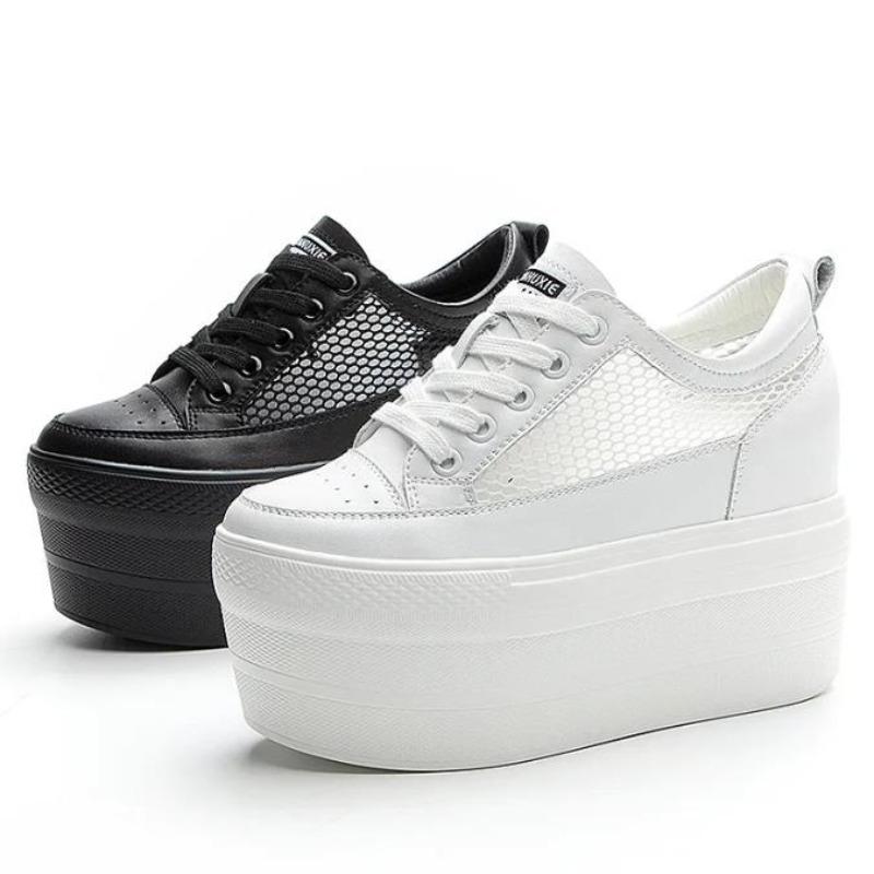 Fashion 12cm Women Summer air mesh Fashion Ins White black Genuine Leather Chunky Sneaker Hollow Breathable Platform Wedge Shoes