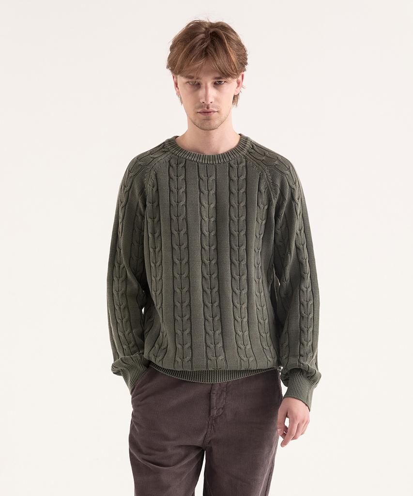 BIRBANTE Garment-Dyed Washable Cable Knit - Ash Khaki
