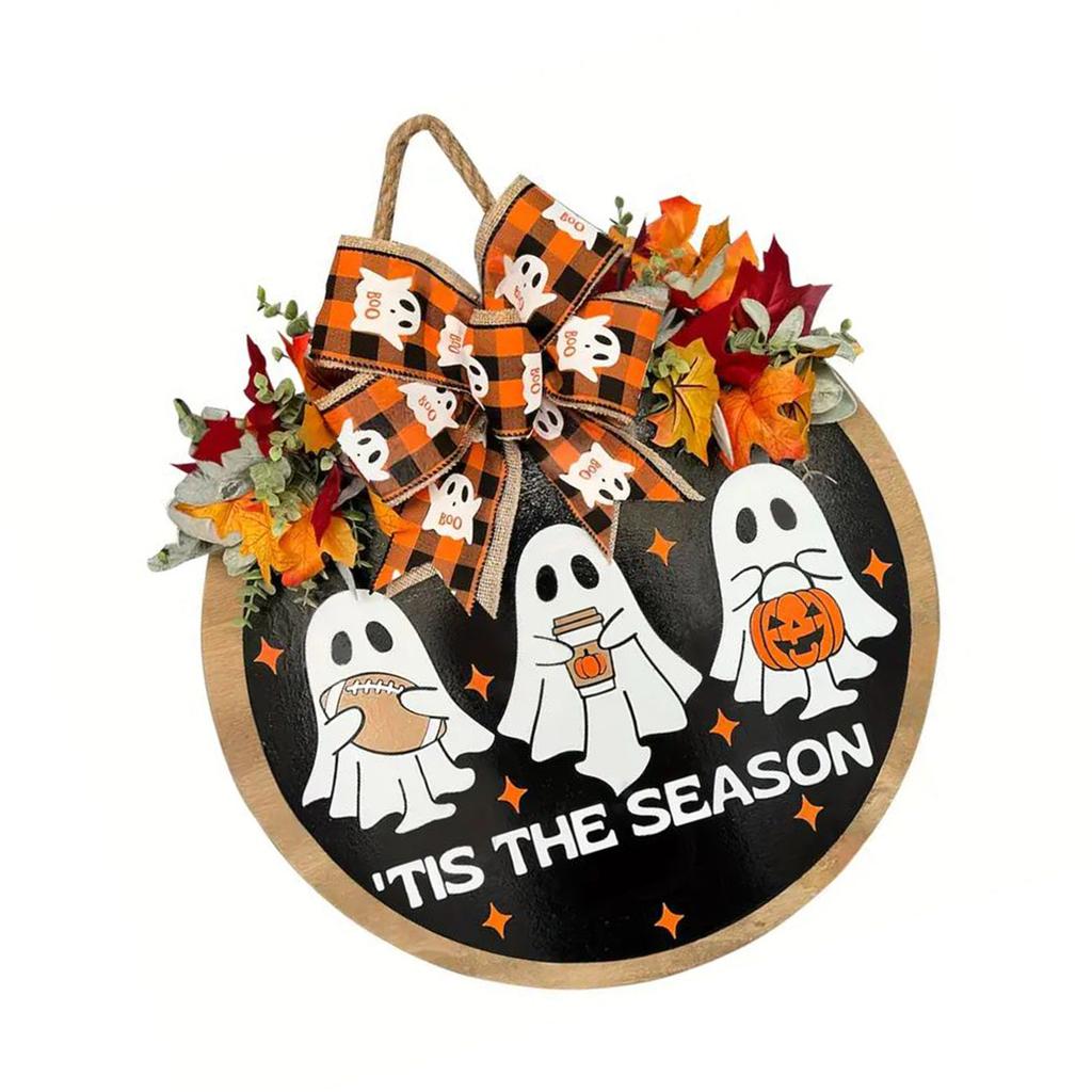 30cm Halloween Ghost Door Hanger With Maple Leaf Decor Eco Friendly Wooden Fabric Wall Art For Holiday Party Indoor Outdoor Decoration