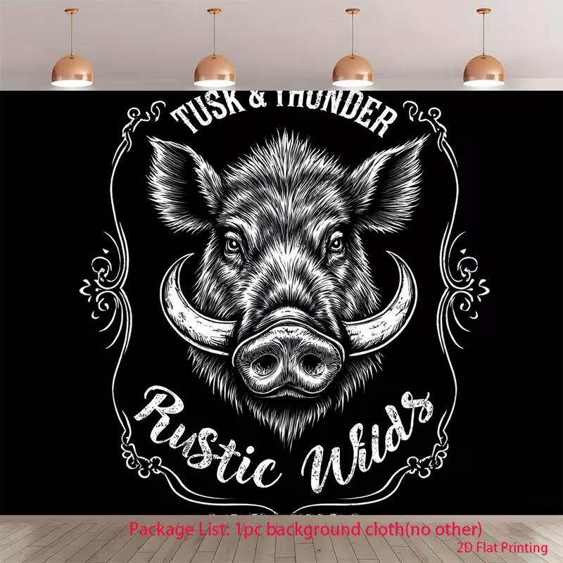 2D Retro Boar Head Background Cloth, Monochrome Wild Hog Tapestry for Hunting Lodge 47.2x31.5inch/120*80cm