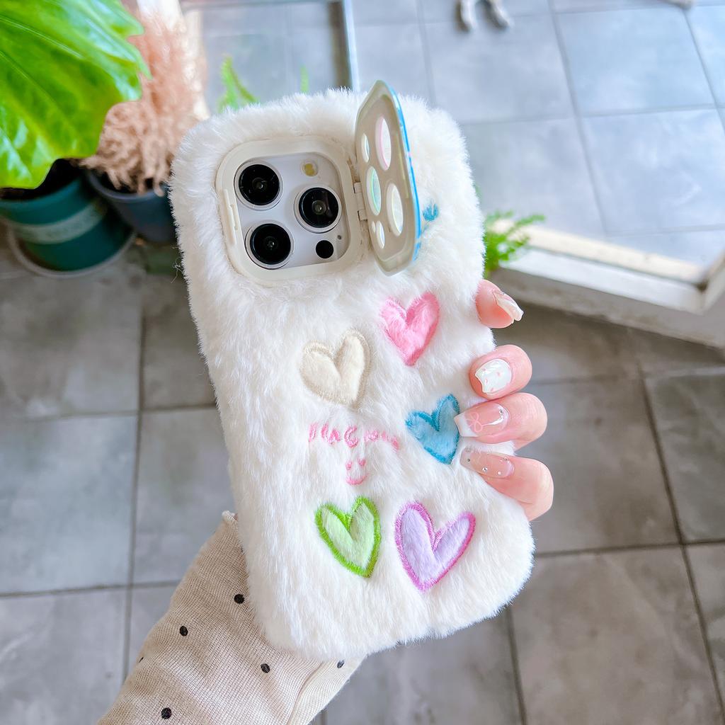 Plush Multicolored Love Mobile Phone Case for Apple 17PROMAX Lens Holder 15 Autumn and Winter 14 Fluffy 11