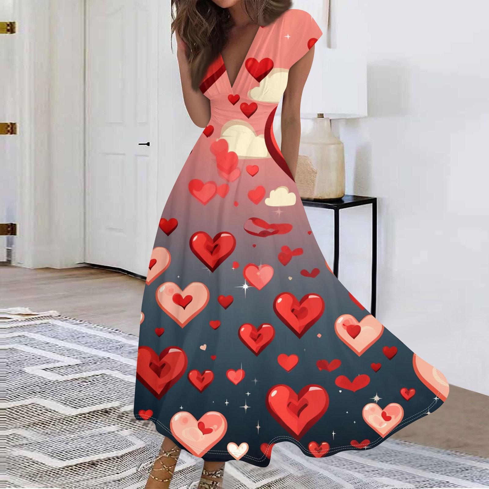 Women s Fashion Casual Pleated V-Neck Drawstring Valentine s Day Printed Dresses L