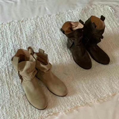 Versión de piel de oveja~ Botas plisadas apiladas hechas a mano, botas de media caña, nuevas botas finas para mujer, tacón grueso, botas de cowboy occidentales