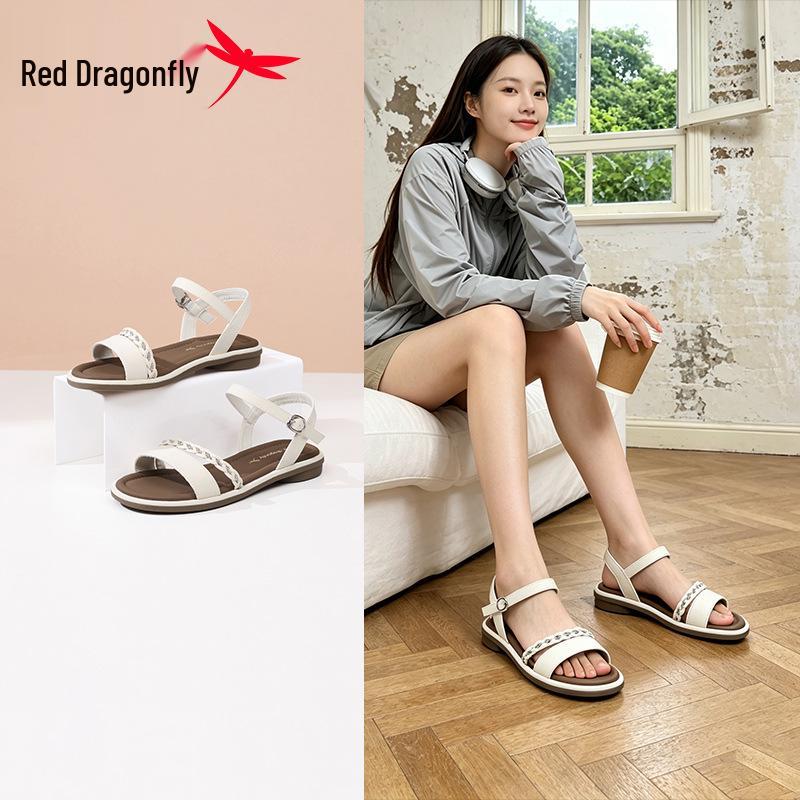 Women s Red Dragonfly Plus Size Leather Roman Sandals: Fashionable Low Chunky Heel, One-Strap, Ideal for Outdoor Summer Wear. 35