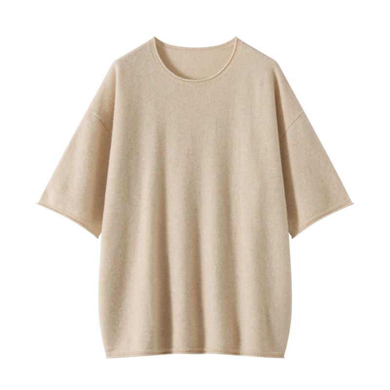Roll-Edge Round Neck 100% Cashmere Women's Loose Knit Five-Sleeve Top - Autumn/Winter Collection