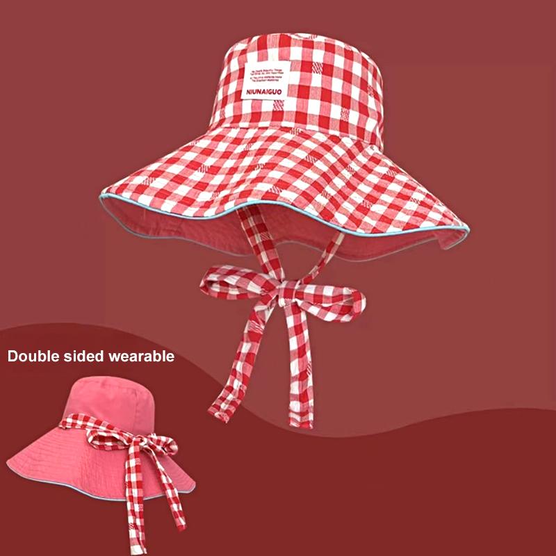 Women Sun Hat Sweet Plaid Wide Edge Fisherman Hat Outdoor Sun Protection Hat Travel Lace Up Hiking Large Brim Beach 5 Colors
