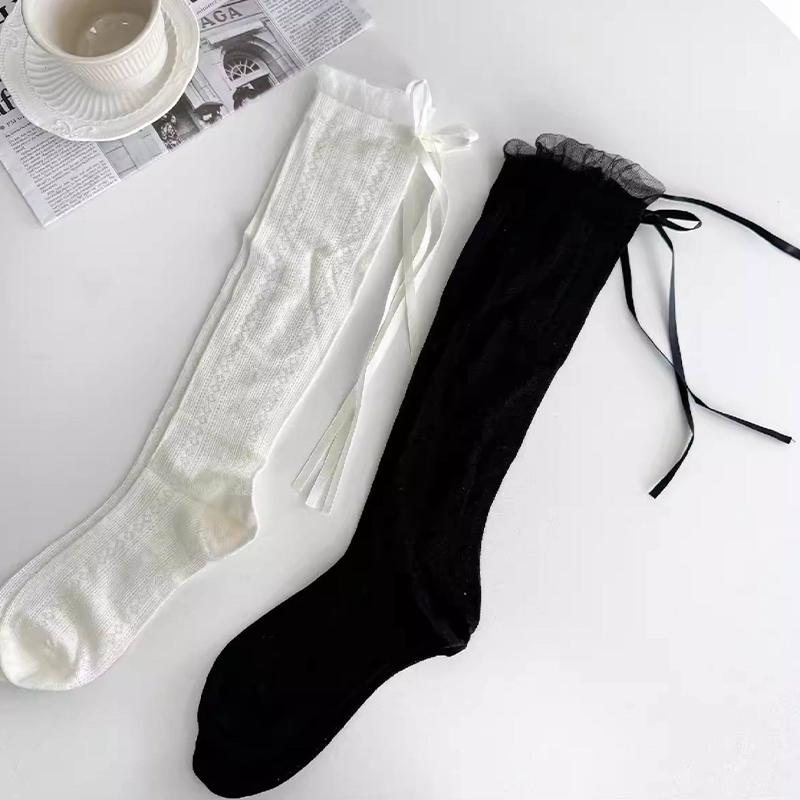 Breathable Mesh Bow Socks - Thin Ballet Style Slouch Socks for Summer, Soft Calf Length Socks with Ruffle Trim for Daily Wear