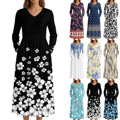 Dress For Women Long Boho Beach Dress Elegant Maxi Dress V-Neck Long Sleeve Dress With Pockets