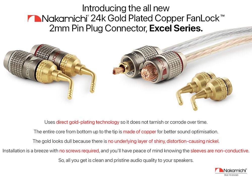 Nakamichi FanLock Excel Series 24k Gold Plated 2mm Pin Plug Banana Spring Clip 10 AWG 18 AWG Gauge Size 4mm for Speaker Amplifier Stereo Home Theater