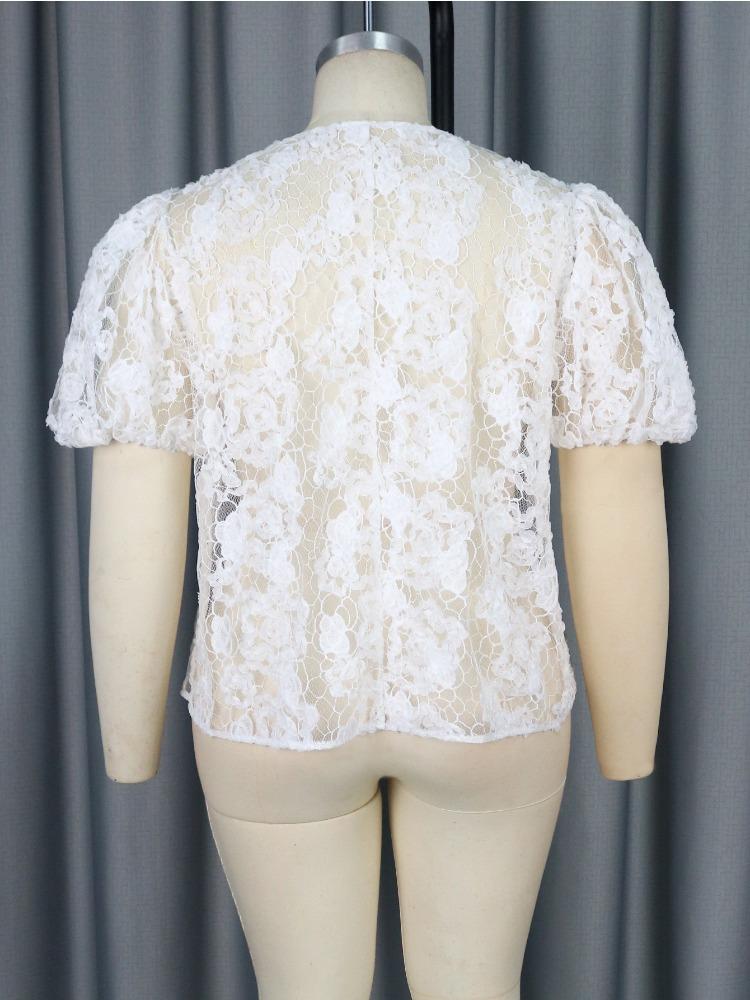 AOMEI White Lace Tops V Neck Puff Short Sleeve Pullover Floral See Through Blouses for Women Plus Size