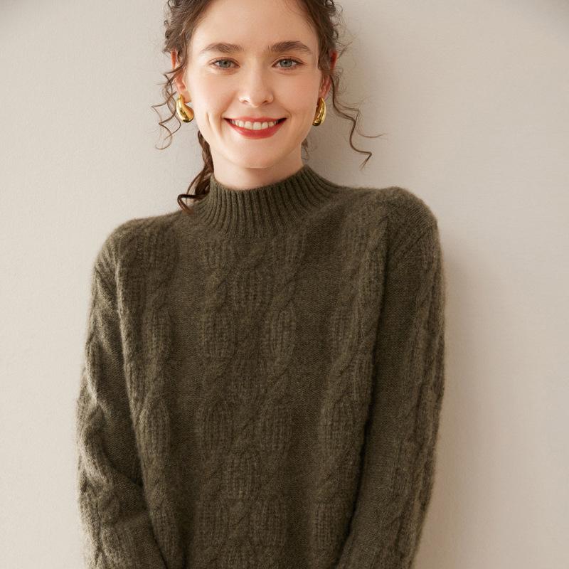 Women's Heavyweight Cashmere Jacquard Sweater - Thick Half-High Neck, Long Sleeve, Winter Knit Pullover