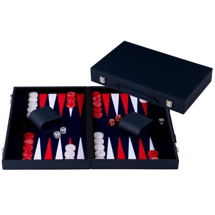 Backgammon Luxe 15 Pouces Similicuir Bleu Foncé – Jeu de Société Stratégie Adulte – Coffret Complet 47,4 x 38,6 cm