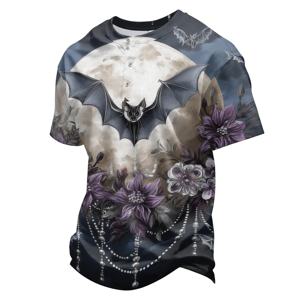 Men's Halloween Print Henley Short Sleeve Shirt Casual Lightweight Breathable Top with Button Front Design for Everyday Wear
